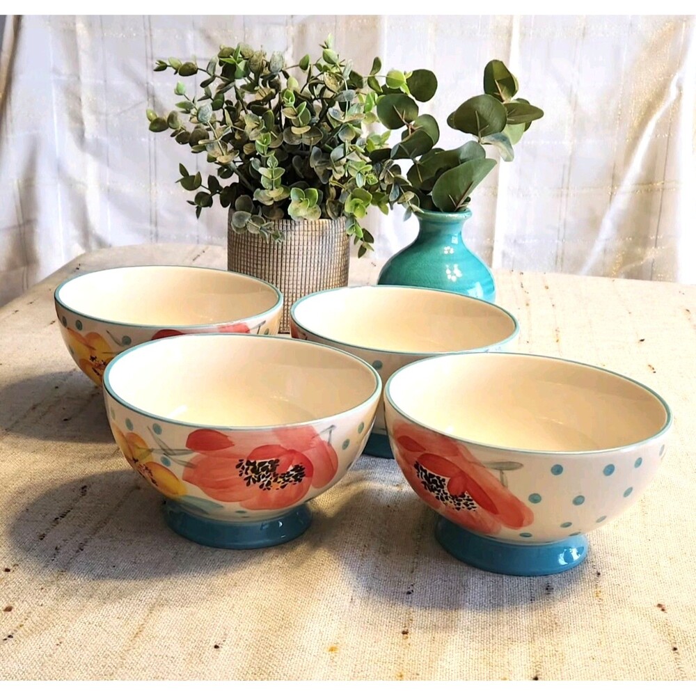 Set of 4 Pioneer Woman Vintage Bloom Flora/Polka Dot Turquoise Footed 6" Bowls
